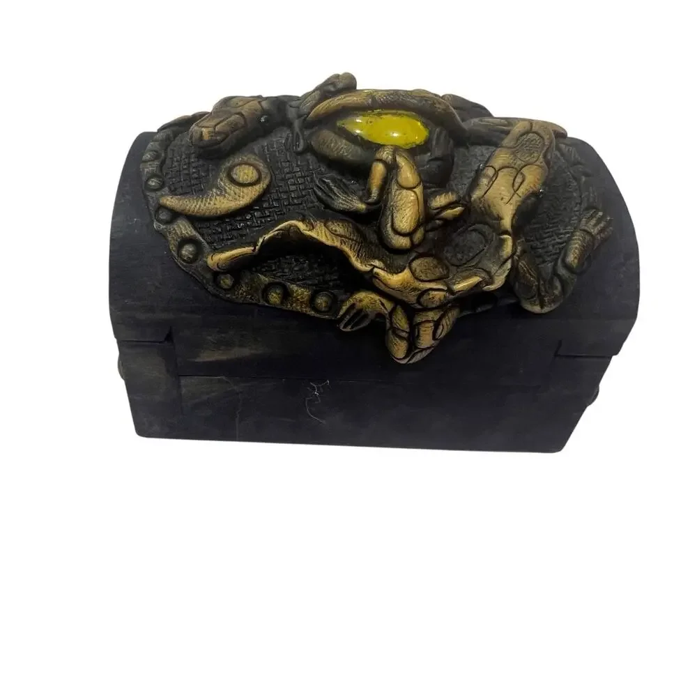 Southeast Asian Wooden Handmade Trinket Box Crocodile Carved Semi-precious Stone